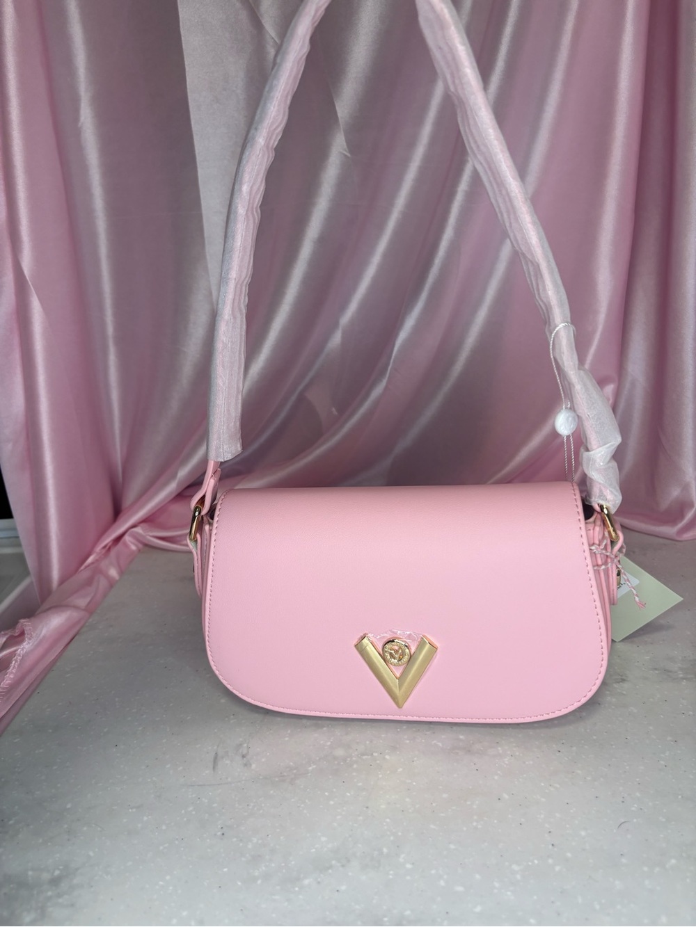Valentino Orlandi Pink Shoulder Bag with Gold V Emblem